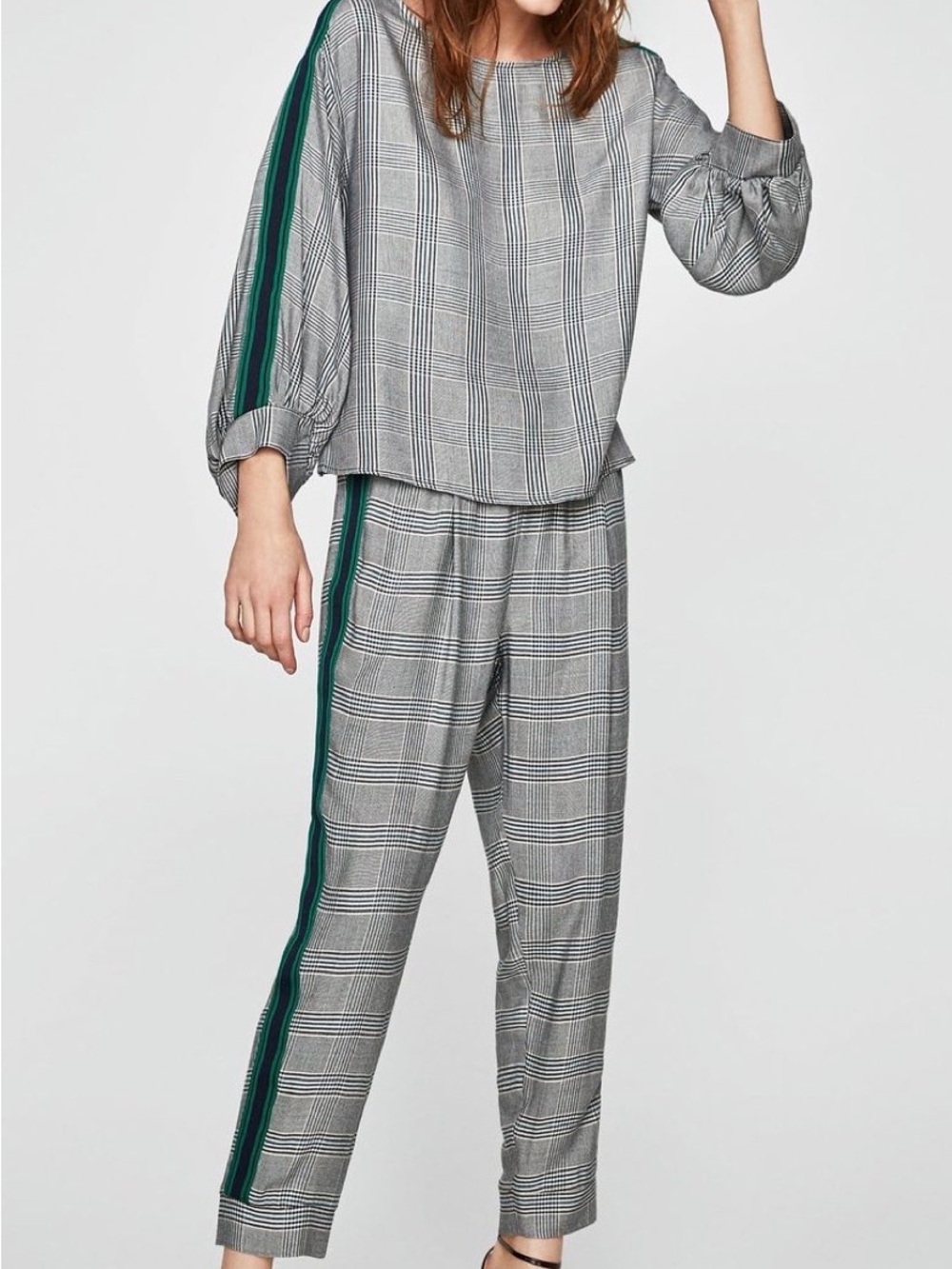 Zara Plaid Side-Stripe Relaxed Trousers and Top in Gray with Green Stripe